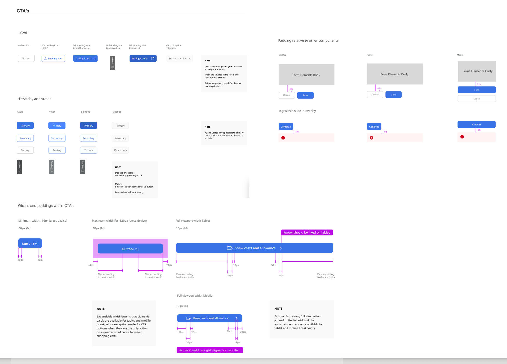 CTA specification: types, hierarchy and states, and widths and padding across desktop, tablet and mobile