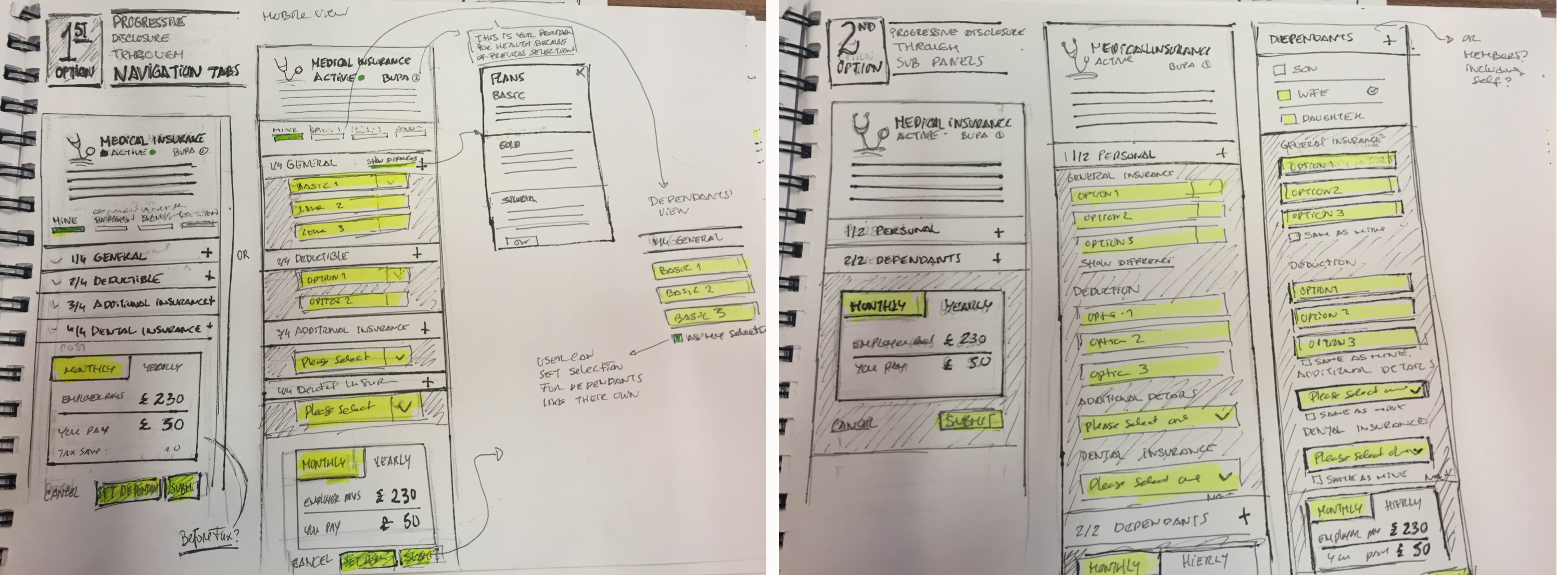 Hand-drawn sketches: progressive disclosure through navigation tabs (option 1) and sub-panels (option 2)
