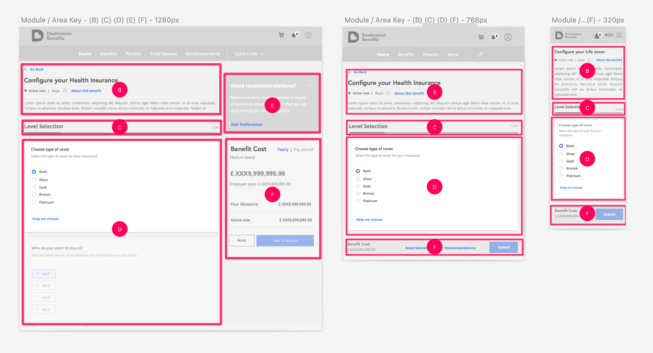 Wireframes with module/area key across 1280px, 768px and 320px breakpoints