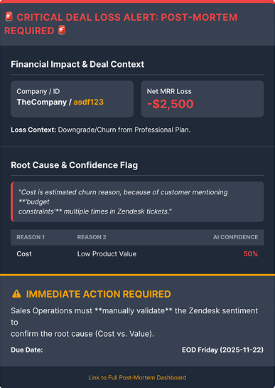 Gemini draft: dark post-mortem alert layout