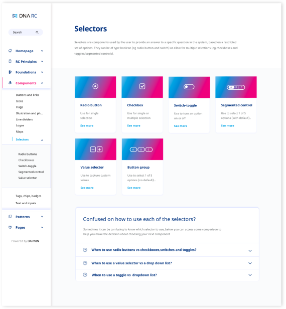 Selectors category page with component cards and a help section