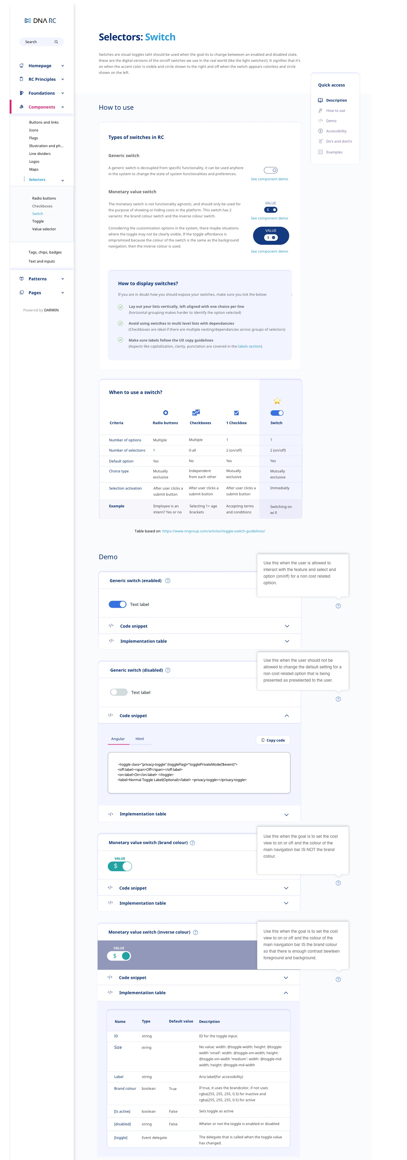 Detailed switch component page: usage guidance, decision table, demos and implementation