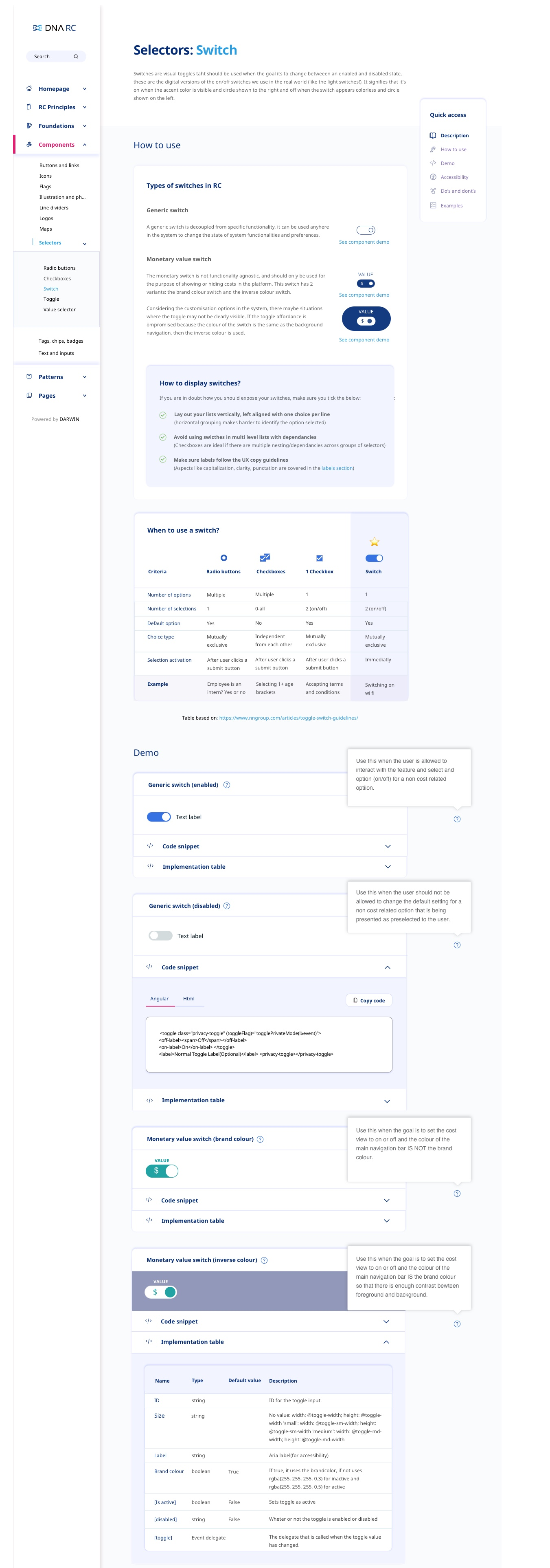 Detailed switch component page: usage guidance, decision table, demos and implementation