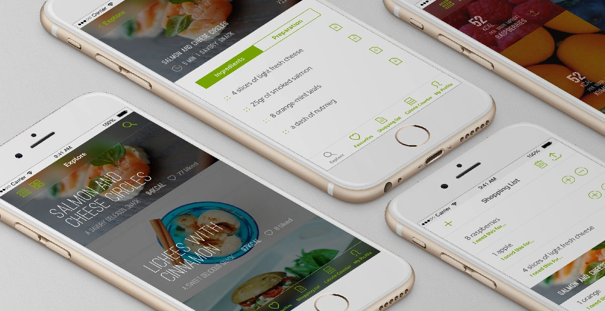 99kcal recipe screen and shopping list mockup closeup
