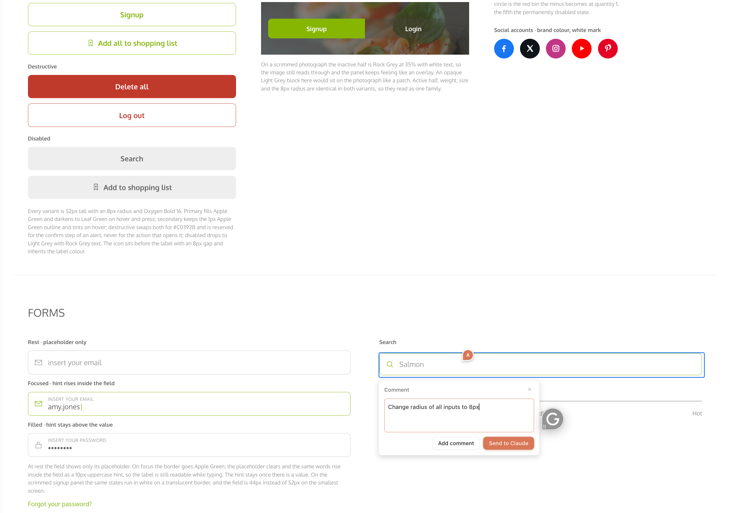 Comment on a search input inside the 99kcal design system asking for the input radius to change to 8px